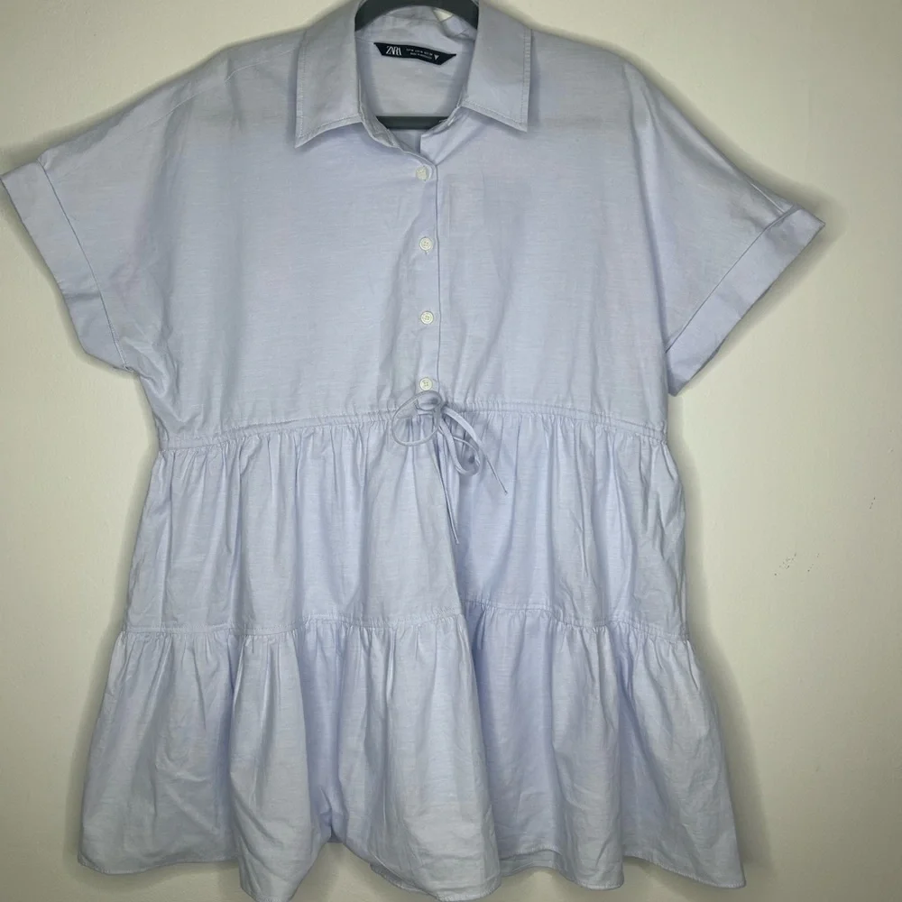 Zara Tiered Cotton Blue Oxford Dress - Picture 3 of 8